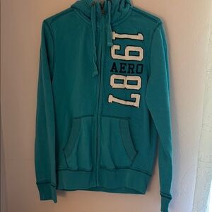 Y2K Aeropostale 1987 Teal Hoodie Raised Lettering Sz S/P. Full front zipper.